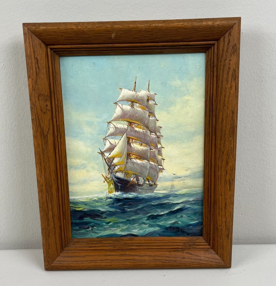 Vintage Seascape Oil Painting Signed HUMBERTO SILVA FERNANDES Ship Sail Frame