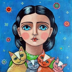 Original Folk Art. GIRL WITH CATS. 6″x6″. Original, Stretched Canvas