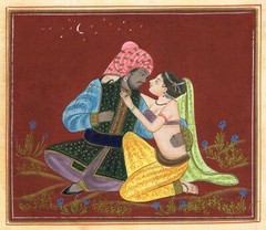 MINIATURE PAINTING OF A RAJASTHANI MAN AND WOMAN LOVE SCENE ON SILK CLOTH