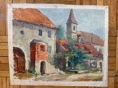 Vintage 1940s Oil on Canvas Landscape Mandeure France 18 x 21 Jean Schweckler