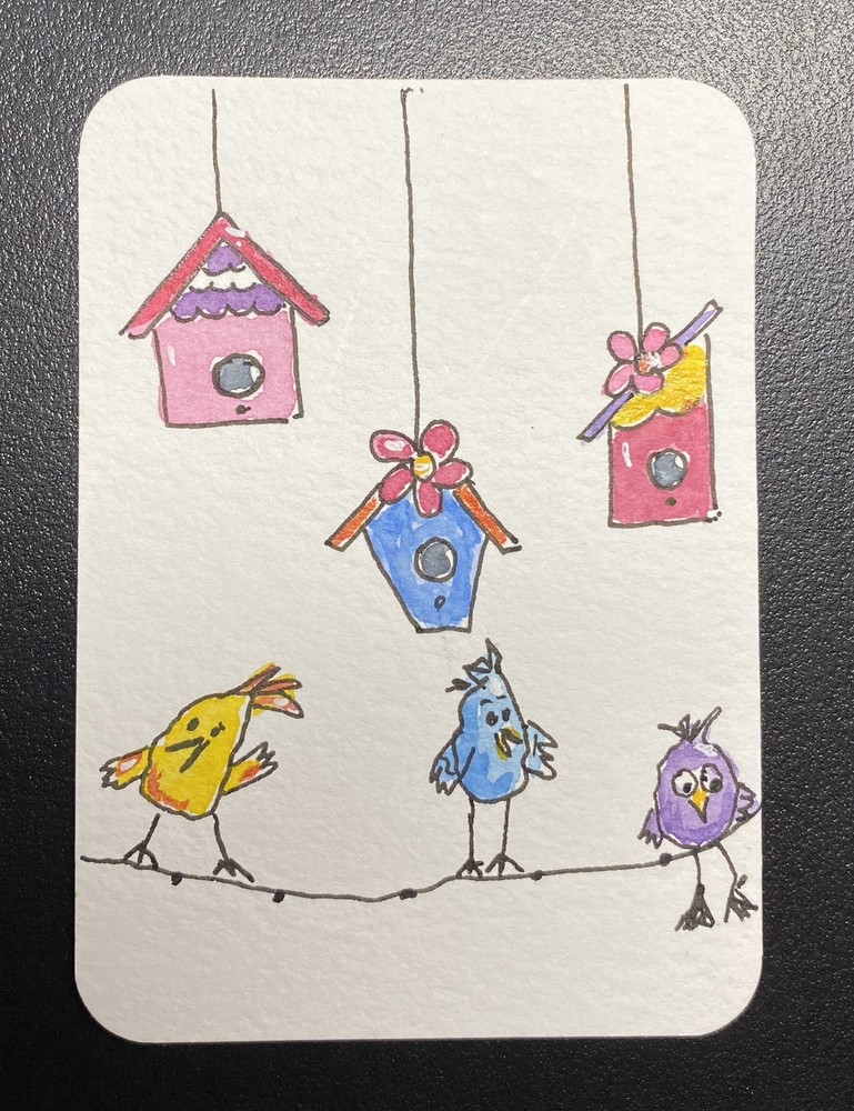 ACEO Original Art Card, Birds & Their Houses, 2.5×3.5, Signed, Kimberly Cordner