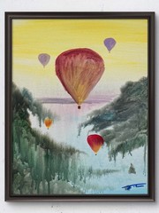 Hot Air Balloons Foggy Valley Mist Acrylic Abstract Original Art 14×11 Canvas