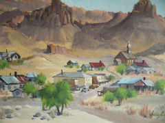 SALLY GREEN, YUCCA VALLEY CA ARTIST, OATMAN ARIZONA DESERT CITYSCAPE VINTAGE OIL