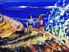 SANTA CRUZ SURF Original Oil Painting Arthur Robins surf board ocean beach sand
