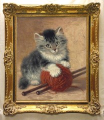 Vintage Oil Painting Cute Kitten with Red Yarn Ball Classical Pet Animals Art