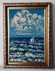 Framed Mini Seascape White Sailboat Minimalist Sea Art 4×6 Oil Painting Original