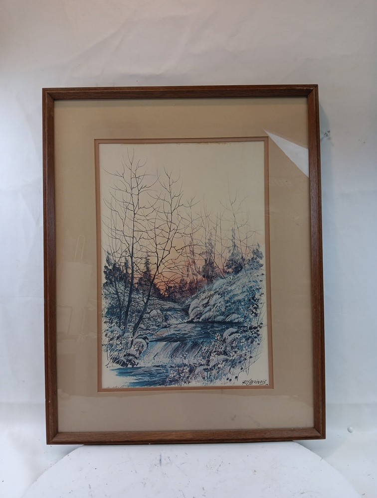 VTG Oil on Cardboard Custom Framed Painting Landscape Trees Creek Artwork