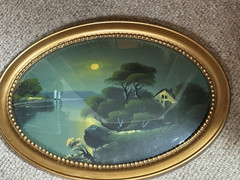 Canvas Landscape Water Night Scene Mount Under Concave Glass Antique Frame READ