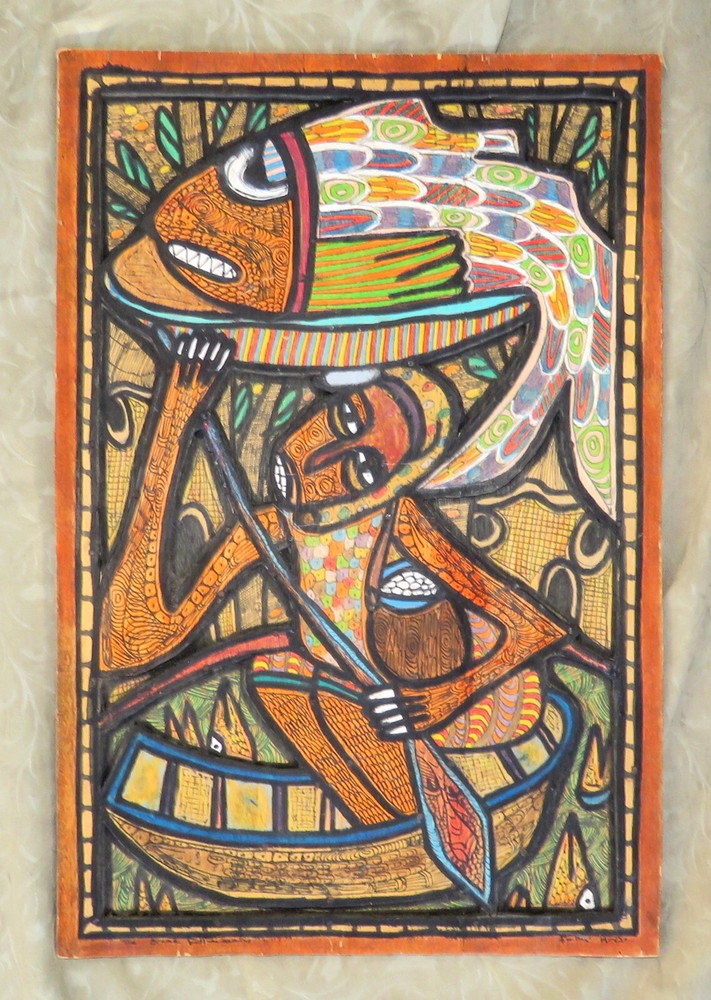 FEMI ARO GREAT FISHERMAN NIGERIAN AFRICAN OSHOGBO MODERNISM ART WOOD PAINTING