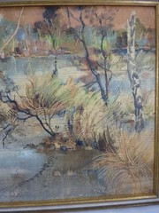 Margott Heinz * 1913 Gemälde Gewässer / Fluss Landschaft mit Bäumen 1975