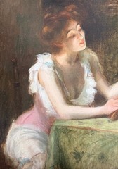 Antique French Impressionist School Oil Painting, Girl with Mirror, c 1890