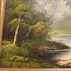 Vintage ORIGINAL Oil Painting MOUNTAINS STREAM LAKE TREES 17 X 13 INCHES