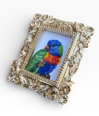 Rainbow Lorikeet mini watercolor bird print in vintage style ornate frame
