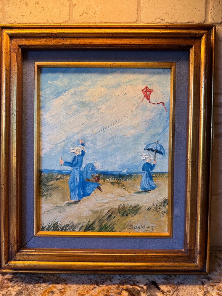 Oil Painting Nuns A Windy Day signed 1969 framed 13″ x 15”