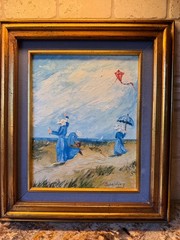 Oil Painting Nuns A Windy Day signed 1969 framed 13″ x 15”
