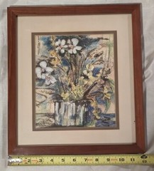 Ink & Pastel Still Life Painting Flowers in Vase Judy K. Framed