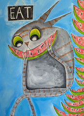 Cat Painting Original Collectible Tabby Ants Watermelon Folk Art Samantha McLean