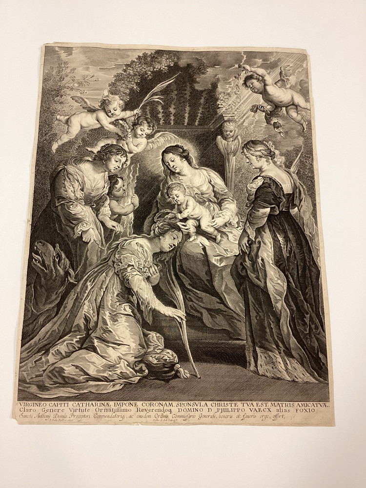 Antique Engraving Afrer Peter Paul Rubens Coronation of St. Catherine By Child