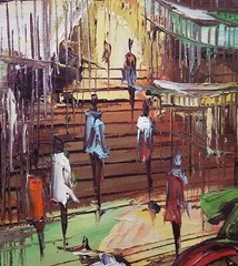 18×24 Vintage Oil on Canvas ASIAN STREET SCENE Rickshaw by DAVID ZANG Hong Kong
