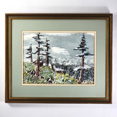 Antique 1920s Era Original Painting Alpine Forest Landscape Snowy Mountains