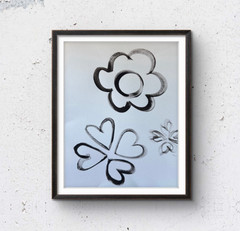 Original Acrylic Painting Flower Hearts Monochrome 11×14 Loose Paper Signed