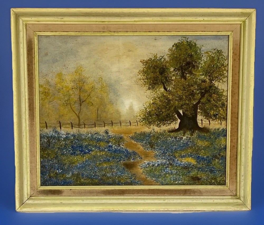 Orig Framed Oil Painting Texas Landscape with Bluebonnets, Charlotte Allen 25×21