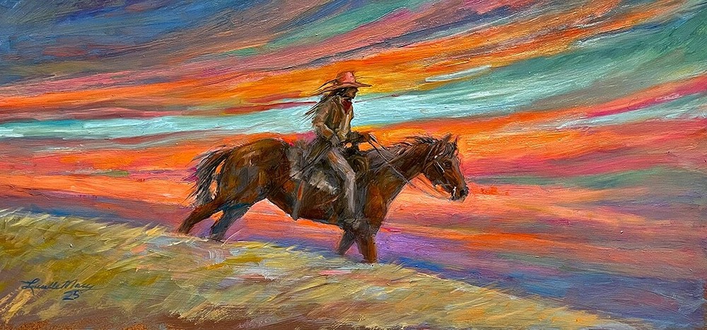Original Oil painting Cowboy HORSE Sunset Mountain RANCH Southwest Landscape UT