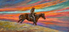 Original Oil painting Cowboy HORSE Sunset Mountain RANCH Southwest Landscape UT
