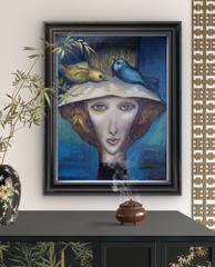 SUMMER. SURREALISM. Birds and a girl. Oil on cardboard.