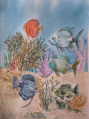 Realism Underwater Fish & Coral Painting, Nature Sea Life Theme