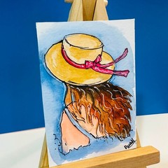 Original ACEO Watercolor Woman in Sun Hat Portrait Mini Painting Summer Artwork