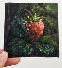 Framed Strawberry Original Oil Painting 4×4 Mini Fruit Still Life Signed OOAK