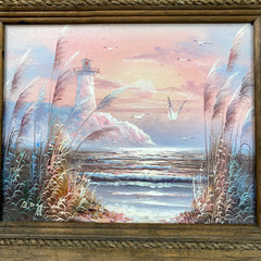 VTG Original Oil Painting On Board Sea Landscape Lighthouse Nautical Signed