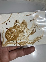 Original Coffee Octopus Realism Painting Aceo Ocean Miniature ATC Art Gift USA