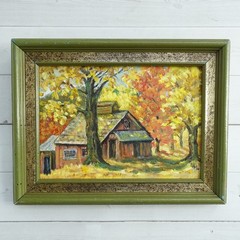 1975 Miniature Autumn Landscape Oil Painting Sugar House Framed Signed 8.5×6.5