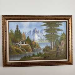 Vintage American Oil Painting Mountain Cabin Landscape Framed Signed LARGE