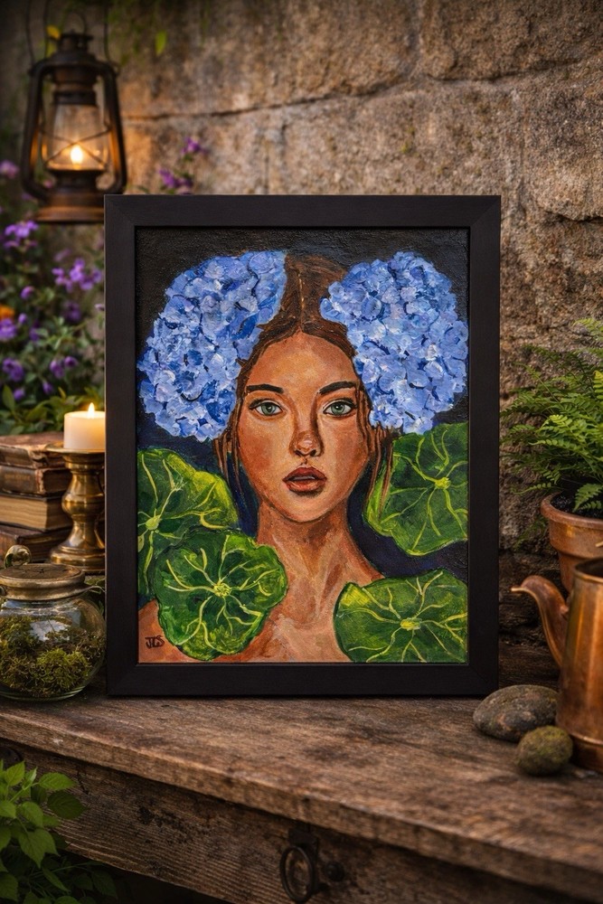 Blue Floral Portrait Painting 11×14 Framed Woman Face Wall Art