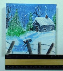 Cabin in snow Winter Landscape Contemporary Painting Original Art by Rain Crow