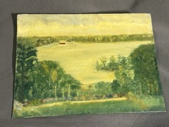 Vintage Naive Folk Art Oil on Canvas Board Landscape W/ Waterway & Boat