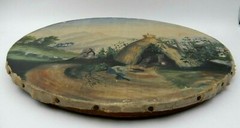 ANTIQUE SOUTH AMERICAN WOMAN BESIDE HUT PAINTING IN HANDCRAFTED ROUND FRAME