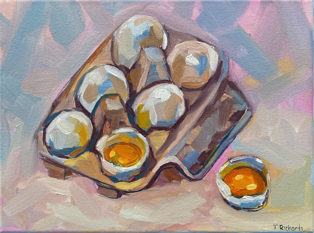 ORIGINAL art oil painting Eggs carton art still life artwork food breakfast 9×12