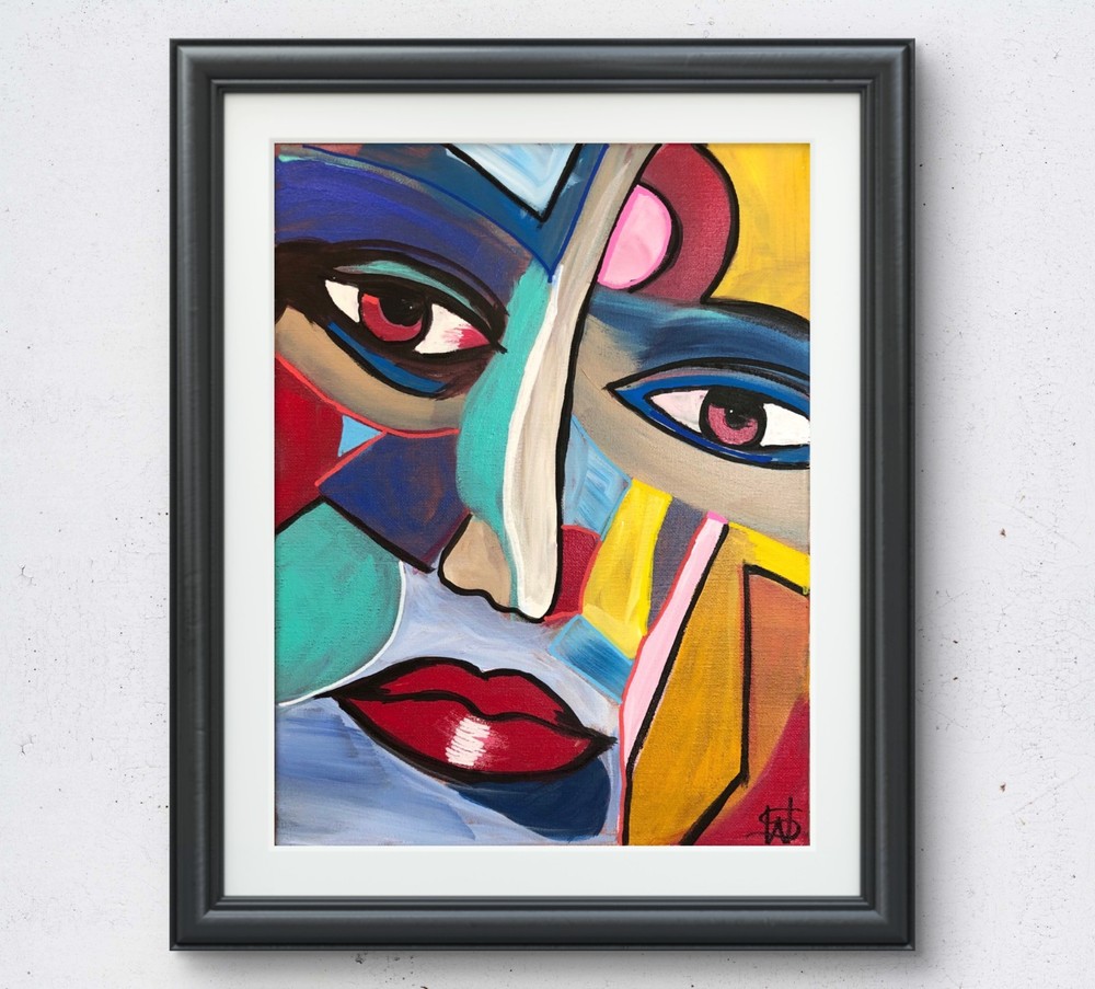 WS original cubist face hand painted 14X11 canvas acrylic modern fine art