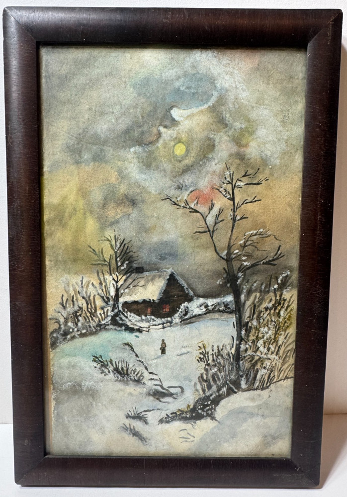 Antique „Figure And Home Landscape In Winter“ Watercolor Painting – Framed