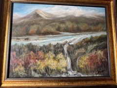Large W Dickinson Acrylic Painting Mountain Landscape Waterfall River Framed Art