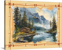 Idaho Wilderness Log Cabin Lake & Mountains Art Gallery Canvas Wrap Wall Art