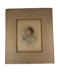 Antique Chalk Drawing Man Smoking Pipe Profile On Paper Signed Gilbert