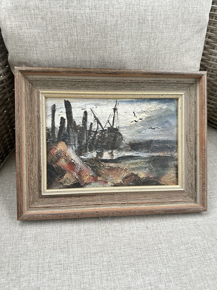 Vintage Carlotta Browning Signed Oil Painting Marine Harbor Seascape Impasto