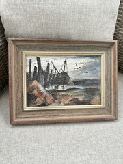 Vintage Carlotta Browning Signed Oil Painting Marine Harbor Seascape Impasto