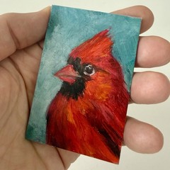 Original Miniature Oil Painting Red Cardinal Bird Art 2×3 Inch Panel