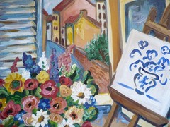 SUZANNE ETIENNE, OREGON MODERN IMPRESSIONIST FLORAL VASE TABLE FLOWERS CITY OIL